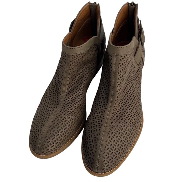 SIZE 8 EUC Comfortiva Cantara Laser Cut Green Taupe Leather Boots Booties - Picture 2 of 11